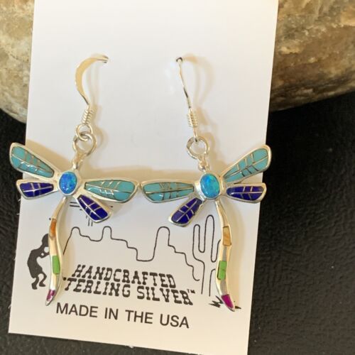 Navajo Dragonfly Turquoise Spiny Opal Inlay Earrings | Sterling Silver | 1" | Authentic Native American Handmade | 12016