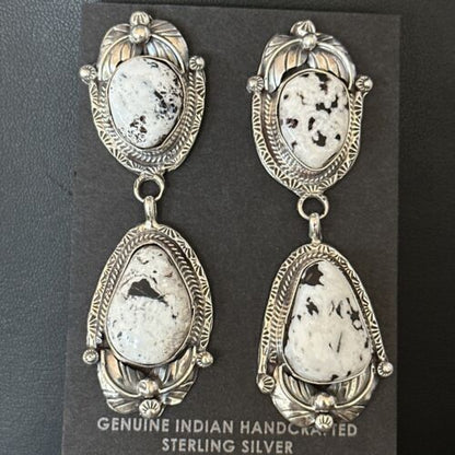 Navajo White Buffalo Turquoise Dangle Earrings | Sterling Silver | 2.5" | Authentic Native American Handmade | 14739