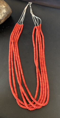 Navajo Red Coral 5-Strand Sterling Silver Turquoise Bead Necklace 22" | Native American Jewelry 12622
