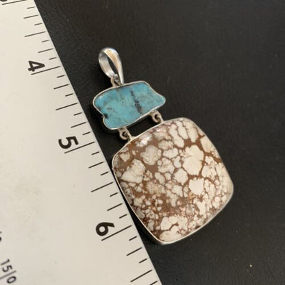 Navajo Wild Horse & Blue Kingman Turquoise Sterling Silver Pendant | Multi-Stone | 12042