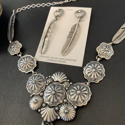 Navajo Handmade Sterling Silver Necklace & Earrings Set | Stamped | Authentic Native American Jewelry | 2114