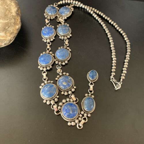Navajo Lapis Lazuli Lariat Necklace | Sterling Silver | 30" | Authentic Native American Handmade | 11486