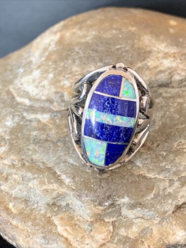 Native American Navajo Lapis & Opal Inlay Ring | Sterling Silver | Sz 7 | 01483 - Masha USA
