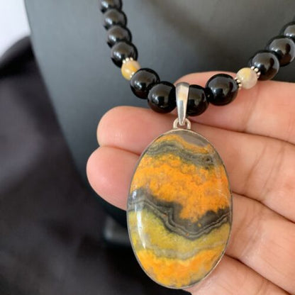 Men's Navajo Pearls Onyx Bumblebee Jasper Pendant Necklace | Sterling Silver | Native American Handmade | 10324