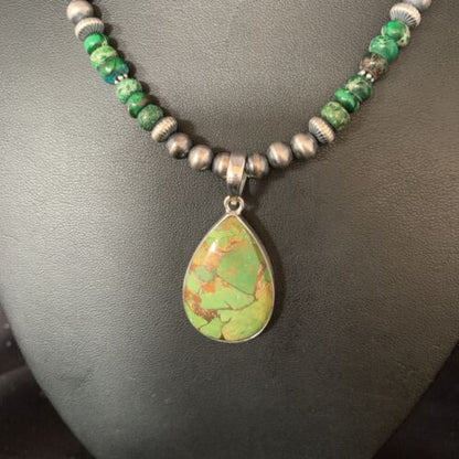 Navajo Green Mojave Turquoise Pendant Necklace | Sterling Silver | Native American Handmade | 13467
