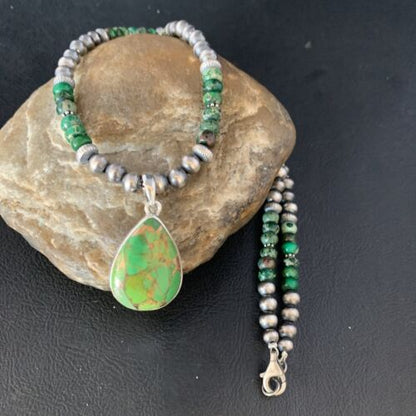 Navajo Pearls Green Mojave Turquoise Pendant Necklace | Sterling Silver | Native American Handmade | 13460