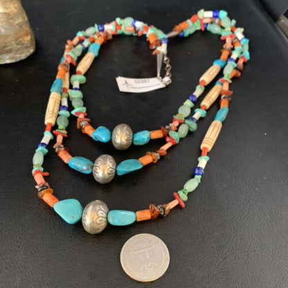 Native American Santo Domingo Spiny Blue Turquoise Necklace | 3-Strand Shell | 10397 - Masha USA