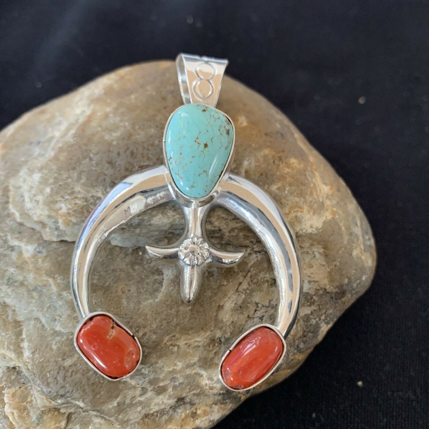 Navajo Pearls Necklace with Royston Turquoise & Coral Naja Pendant | Sterling Silver | 01428