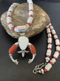 Navajo White Buffalo Turquoise Coral Naja Pendant | Sterling Silver | Authentic Native American Handmade | 10516