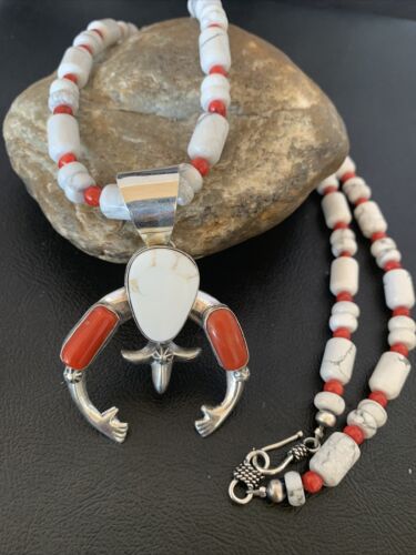 Navajo White Buffalo Turquoise Coral Naja Pendant | Sterling Silver | Authentic Native American Handmade | 10516