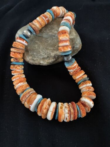 Authentic Native American Necklace | Orange Spiny Oyster & Turquoise | Navajo Pearls Sterling Silver | 20"