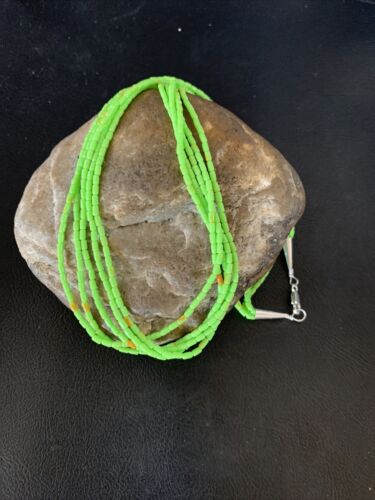 Native American Green Gaspeite Rice Heishi Necklace | 5 Strand | Sterling Silver | 20" | 12928