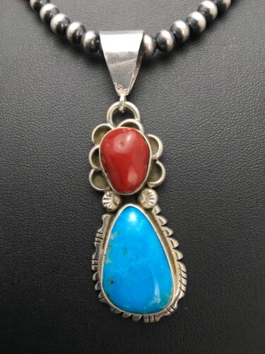 Navajo Turquoise & Coral Pendant Necklace | Sterling Silver | Authentic Native American Handmade | 2580