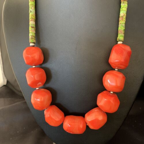 Navajo Green Gaspeite | Coral Pendant Necklace | Sterling Silver | Authentic Native American Handmade | 20" | 13955