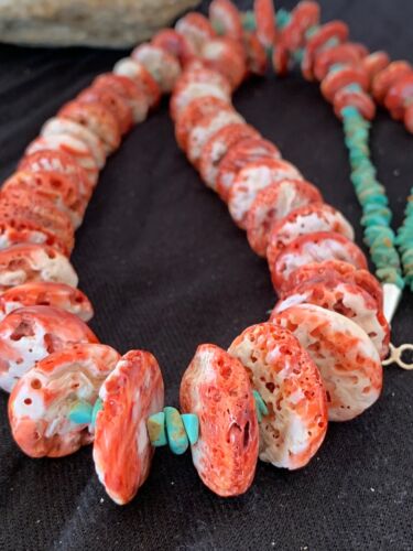 Native American Navajo Red Spiny Oyster & Turquoise Necklace | Sterling Silver | 34" Graduated | 4679