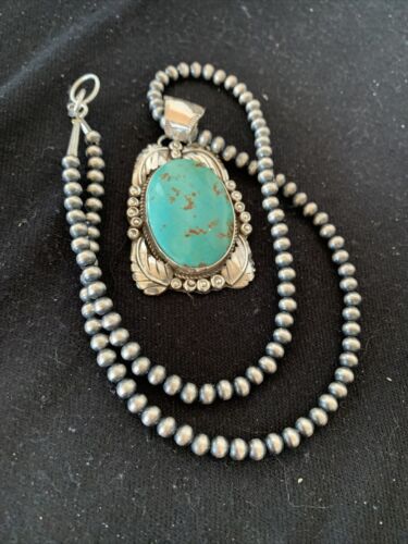 Navajo Pearls Necklace with Kingman Turquoise Pendant | Sterling Silver | Authentic Native American Handmade | 809