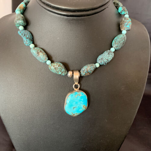Men's Navajo Kingman Turquoise Pendant Necklace | Sterling Silver | 20" | Authentic Native American Handmade | 10224