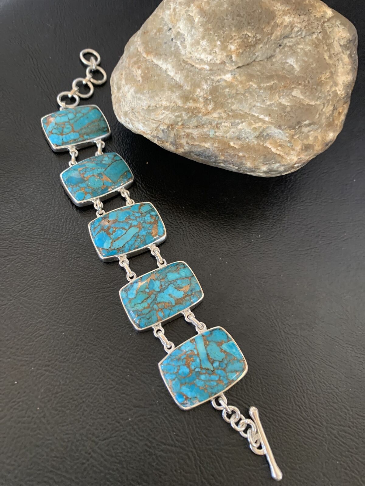 Navajo Blue Mojave Turquoise Link Bracelet | Sterling Silver | 8" | Authentic Native American Handmade | 11629