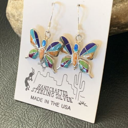 Navajo Butterfly Turquoise Spiny Opal Inlay Earrings | Sterling Silver | 0.5" | 12012