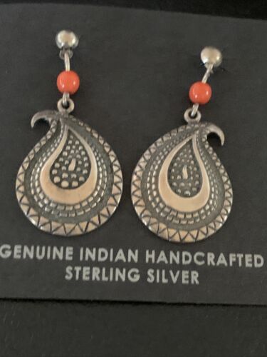 Old Pawn Southwestern Coral Dangle Earrings | Sterling Silver | 1" | 12995