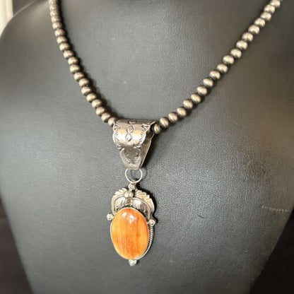 Navajo Orange Spiny Oyster Pendant Necklace | Sterling Silver | Authentic Native American Handmade | 14684