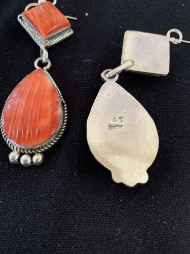 Navajo Red Spiny Oyster Dangle Earrings | Sterling Silver | Authentic Native American Handmade | 203