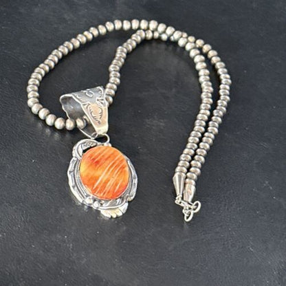 Navajo Orange Spiny Oyster Necklace Pendant | Sterling Silver | Authentic Native American Handmade | 14680