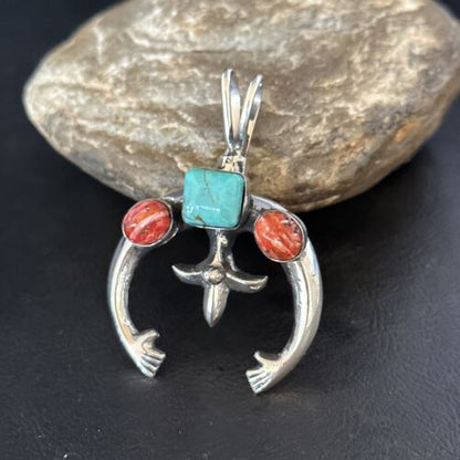 Navajo Blue Turquoise Red Spiny Oyster Naja Pendant | Sterling Silver | Authentic Native American Handmade | 14679