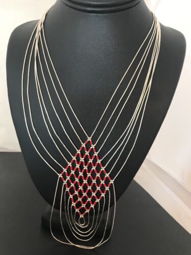 Southwestern Coral Heishi Necklace | 7 Strands Sterling Silver | Navajo | 3699