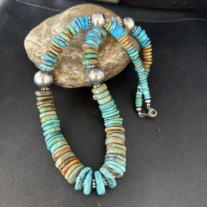 Navajo Blue Green Turquoise Bead Necklace | Sterling Silver | Authentic Native American | 20" | 14243
