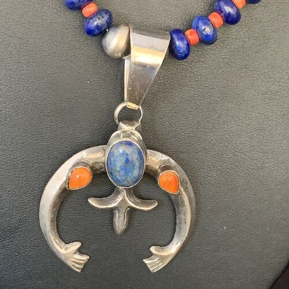 Navajo Blue Lapis Spiny Oyster Pendant Necklace | Authentic Native American Sterling Silver | Naja | 13707 - Masha USA