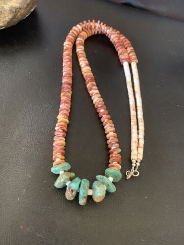 Navajo Turquoise | Purple Spiny Oyster | Pink Shell Necklace | Sterling Silver | Native American Handmade | 30" | 12255