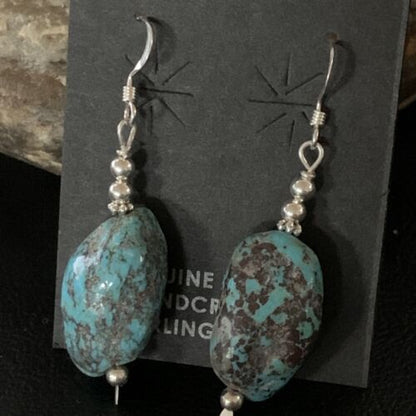 Navajo Turquoise Bead Nugget Earrings | Sterling Silver Pearls | 1" | Authentic Native American Handmade | 12891