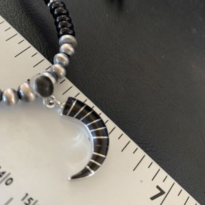 Navajo Inlay Pendant | Sterling Silver Black Onyx Necklace | Authentic Native American Handmade | 12281