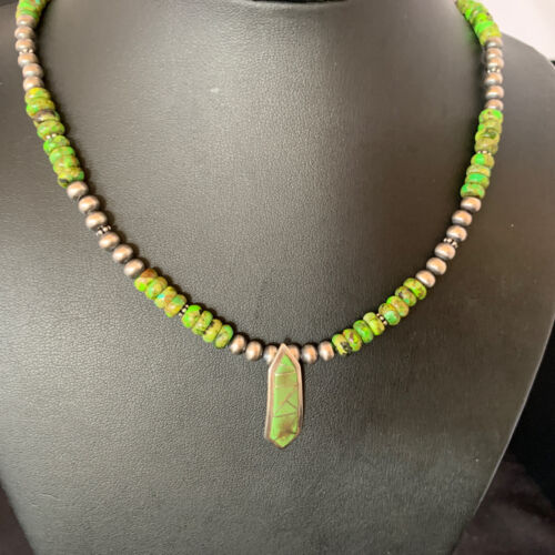 Navajo Green Gaspeite Turquoise Inlay Pendant | Sterling Silver | Authentic Native American Handmade | 13270