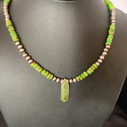 Navajo Green Gaspeite Turquoise Inlay Pendant | Sterling Silver | Authentic Native American Handmade | 13270