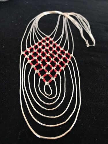 Southwestern Coral Heishi Necklace | 7 Strands Sterling Silver | Navajo | 3699