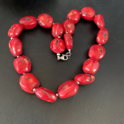 Native American Navajo Red Coral Bead Necklace | Sterling Silver | 18" | 13407