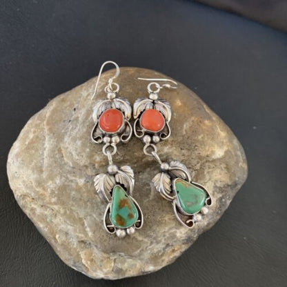 Navajo Green Royston Turquoise & Red Coral Dangle Earrings | Sterling Silver | Native American Handmade | 12553