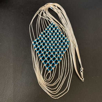Turquoise Liquid Silver Heishi Necklace | 7 Strand Sterling Silver Tubes | 19" | 12628
