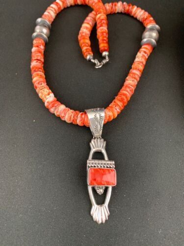 Navajo Red Spiny Oyster Pendant Necklace | Sterling Silver | Authentic Native American Handmade | 4784