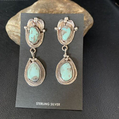 Navajo Blue Dry Creek Turquoise Post Dangle Earrings | Sterling Silver | Authentic Native American Handmade | 13816