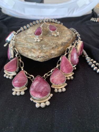 Navajo Purple Spiny Oyster Pendant Necklace Set | Authentic Native American Sterling Silver | Handmade | 4555