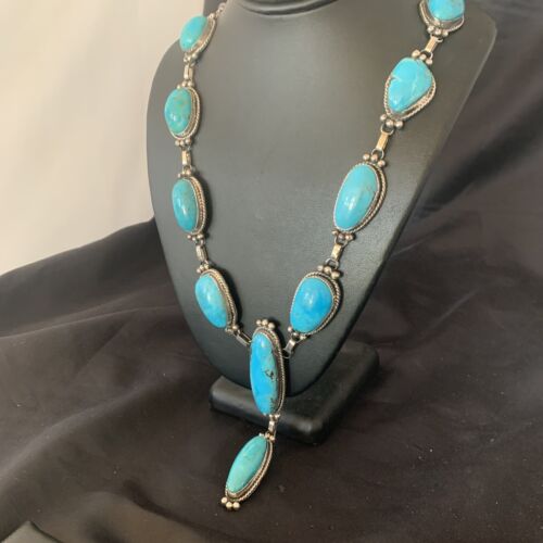 Navajo Kingman Turquoise Lariat Necklace | Sterling Silver | Authentic Native American Handmade | 11571