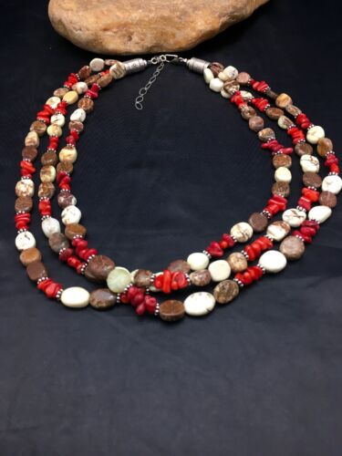 Navajo Sterling Silver Wild Horse Turquoise Coral Necklace | 3-Strand | Authentic Native American Handmade | 3097