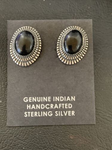 Navajo Black Onyx Stud Post Earrings | Sterling Silver | 0.5" | Authentic Native American Handmade | 12643