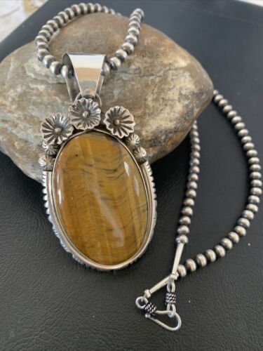 Men's Navajo Pearls Necklace with Sterling Silver Coffee Tigers Eye Pendant | Authentic Native American Handmade | 01771