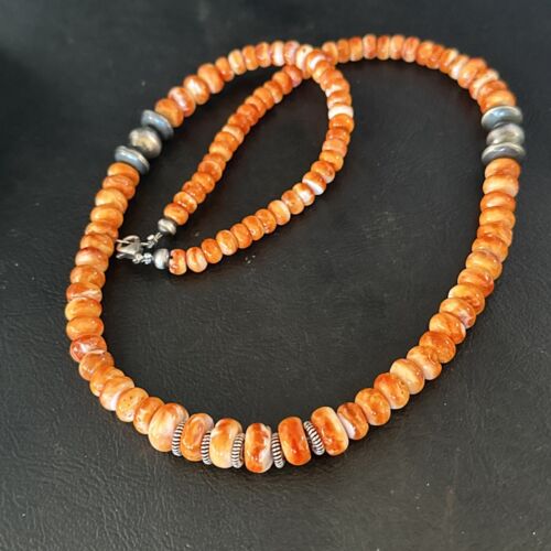 Navajo Orange Spiny Oyster Necklace | Sterling Silver Pearls | 20" | Authentic Native American Handmade | 14645