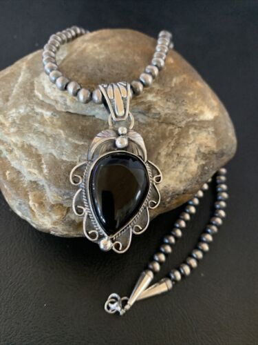 Navajo Pearls Black Onyx Necklace Pendant | Sterling Silver | Authentic Native American Handmade | 13095