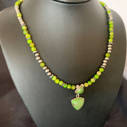 Navajo Green Gaspeite Turquoise Pendant | Sterling Silver | Authentic Native American Handmade | 12360